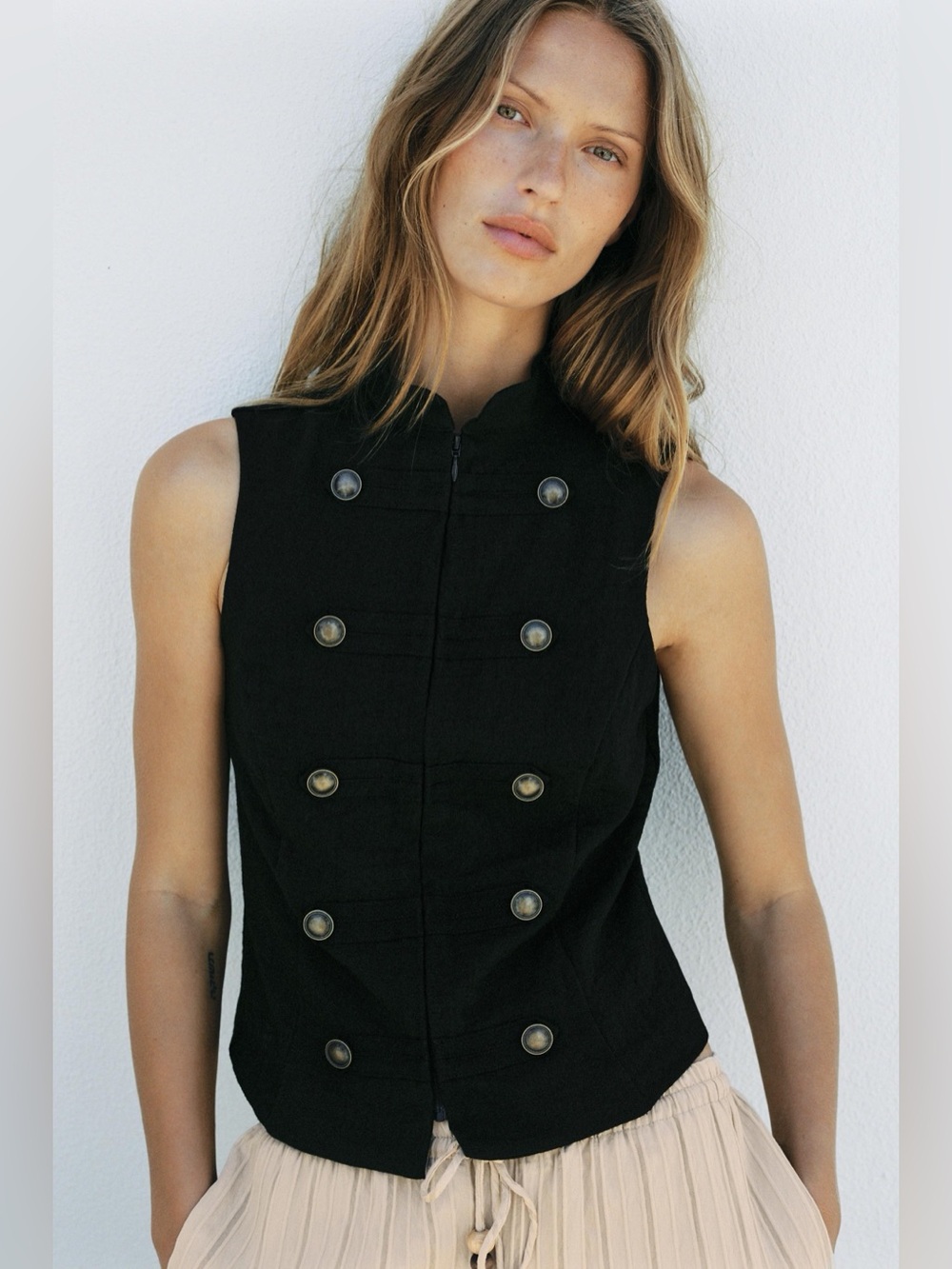 Sleeveless Double-Breasted Black Military-Inspired Vest